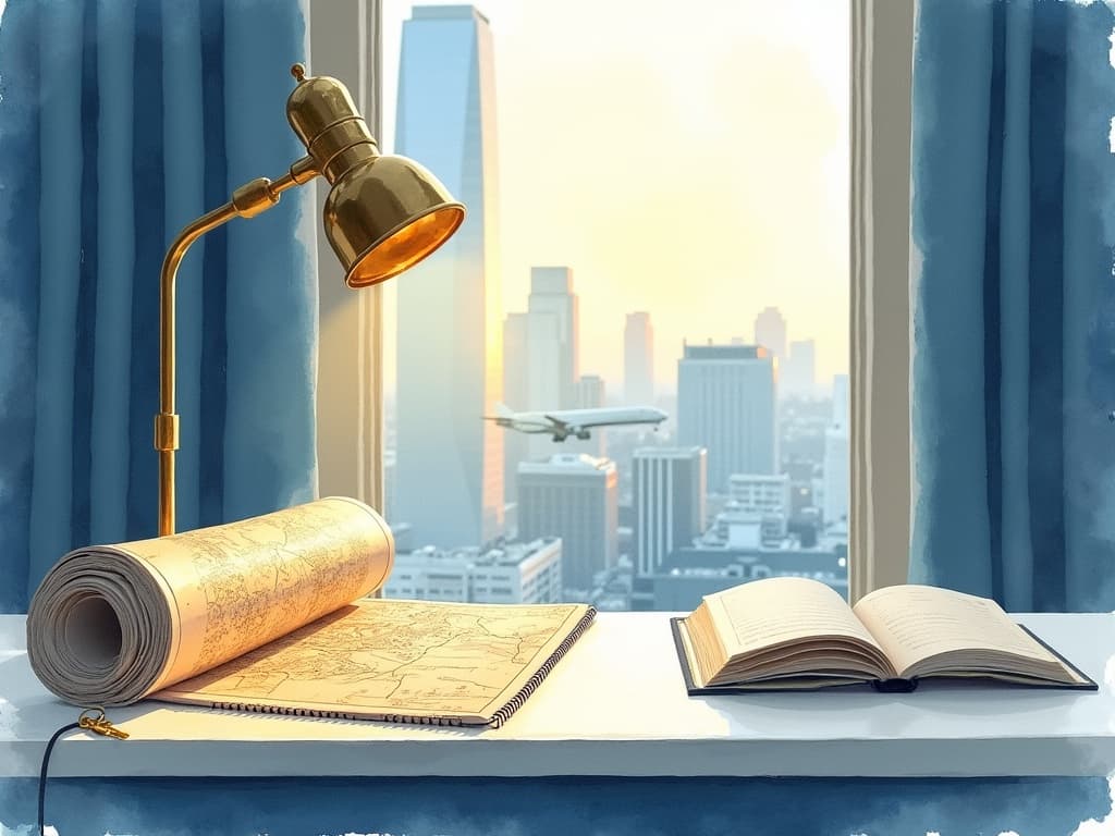 Watercolor illustration in the Concier brand palette accompanying the article "AEO for hotels: getting cited inside the AI answer, not next to it"