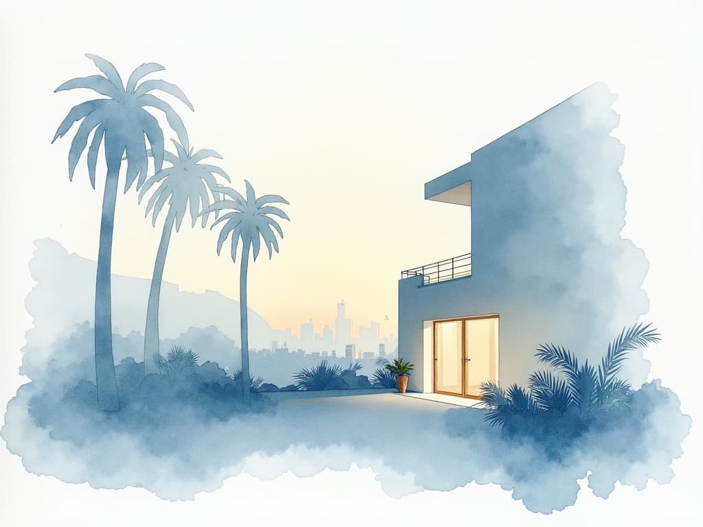 Watercolor illustration in the Concier brand palette accompanying the article "The AI-first hotel is now a real category"