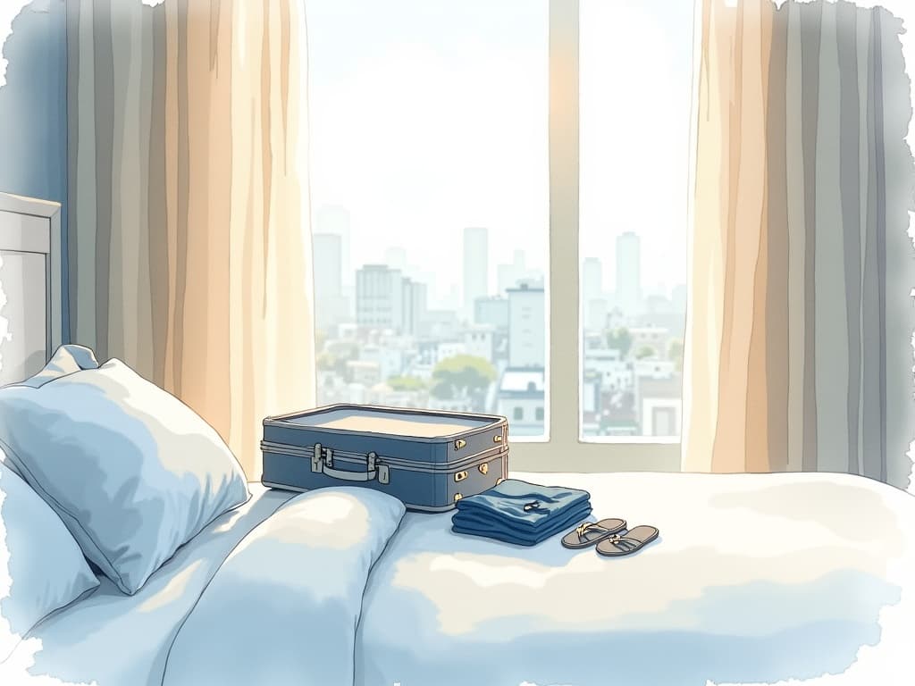 Watercolor illustration in the Concier brand palette accompanying the article "You pick the outfit. AI try-on shows you on yourself. The hotel has it waiting."