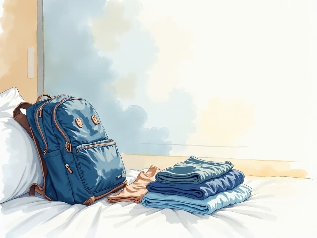Watercolor illustration in the Concier brand palette accompanying the article "Three trips, one backpack. What changed in how I pack."