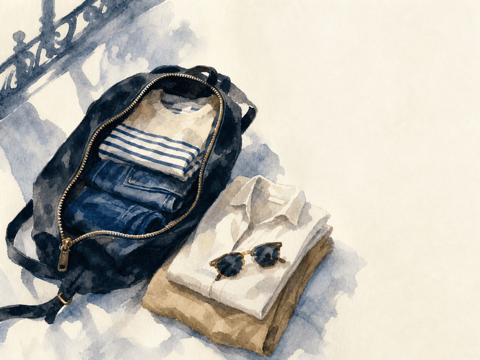 Watercolor illustration in the Concier brand palette accompanying the article "Dress like you live there. One backpack, five nights, no compromises."