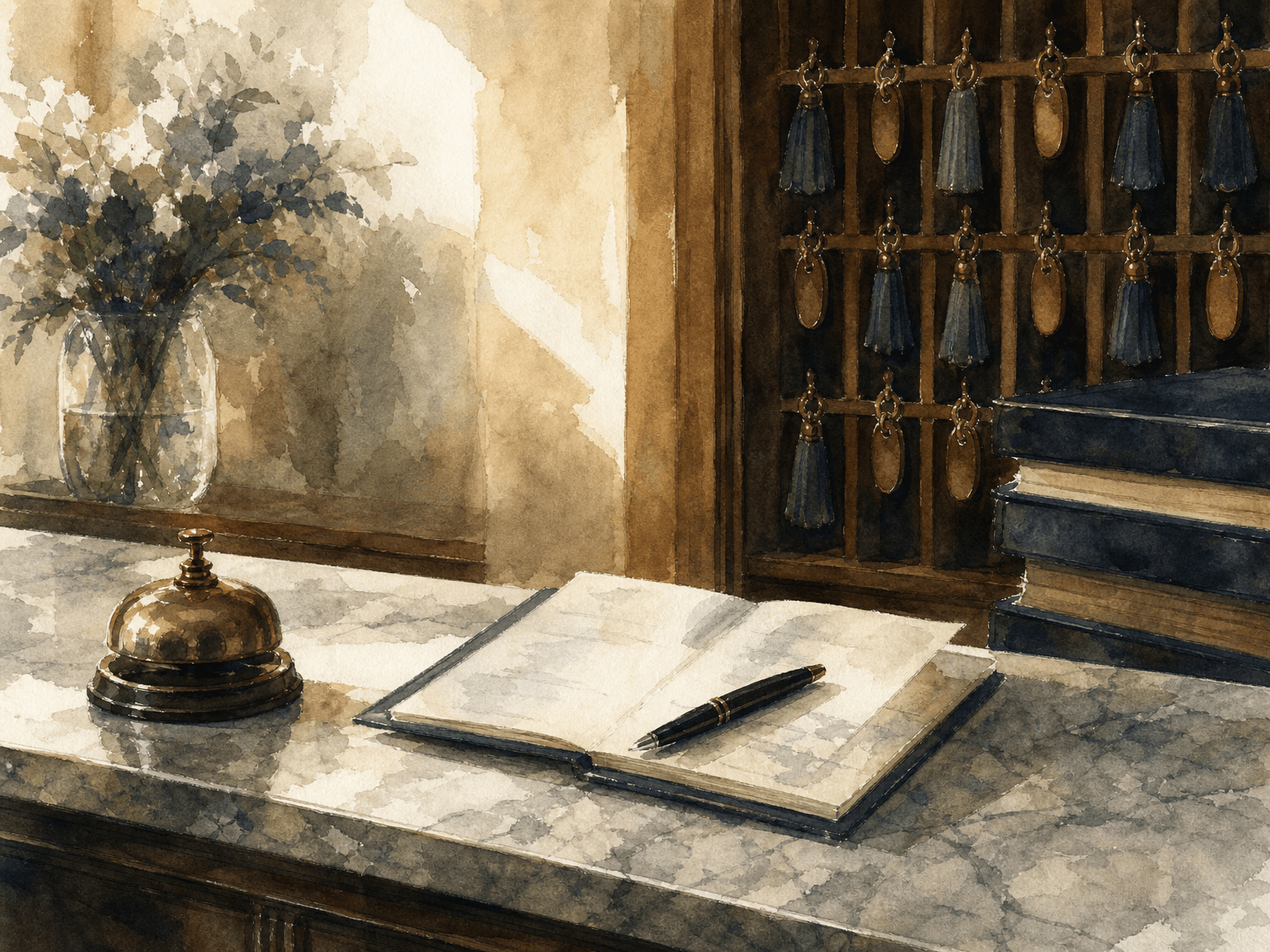 Watercolor illustration in the Concier brand palette accompanying the article "Why the GDSes Are Writing Checks to AI Travel Startups (and Why Concier Does Not Need One)"