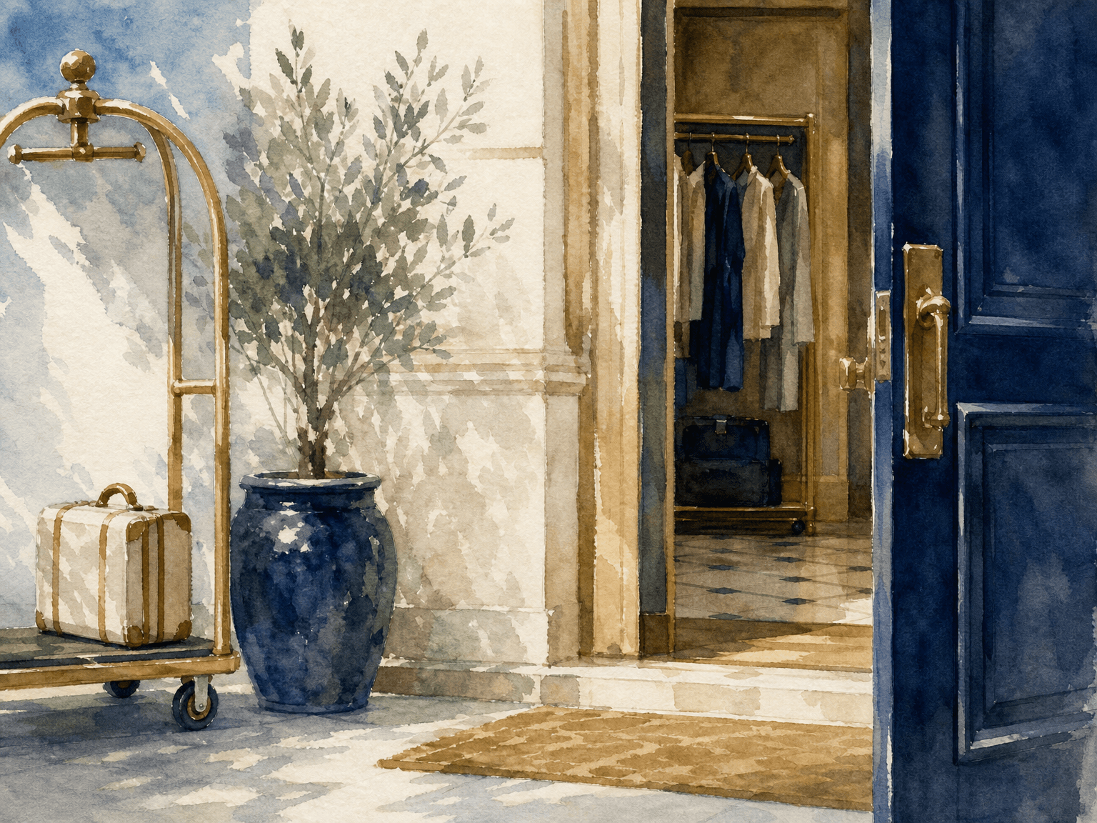 Watercolor illustration in the Concier brand palette accompanying the article "Try on, save to trip, walk in. The Concier flow in four steps."